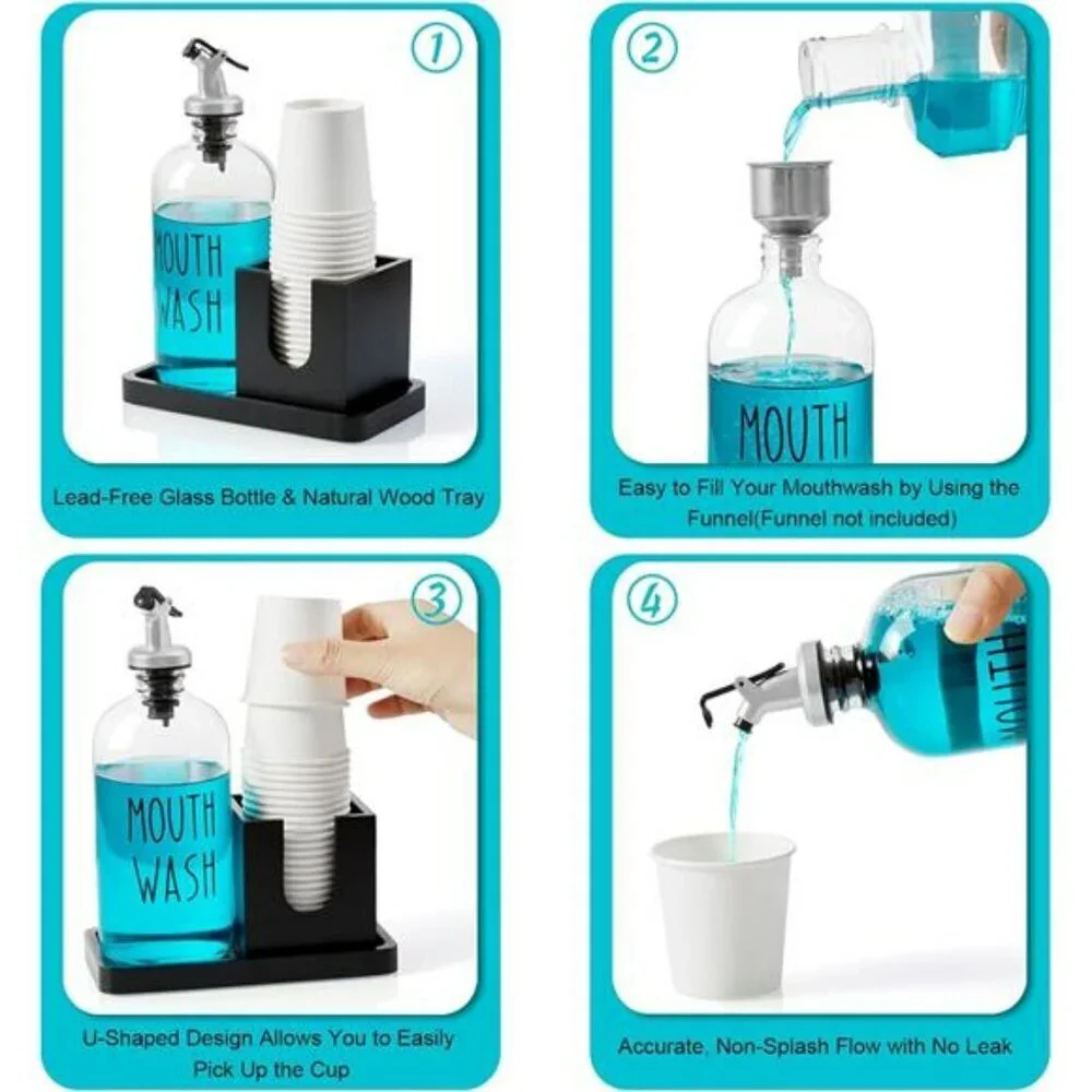 Glass Mouthwash Dispenser with Wood Tray Black Bathroom Countertop Organizer
